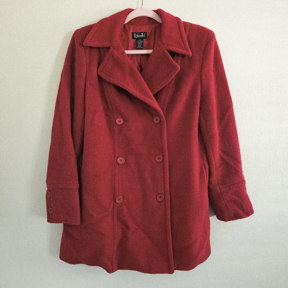 Vintage Rafaella Red Orange Double Breasted Pea Coat Wool Fall Autumn Size 8